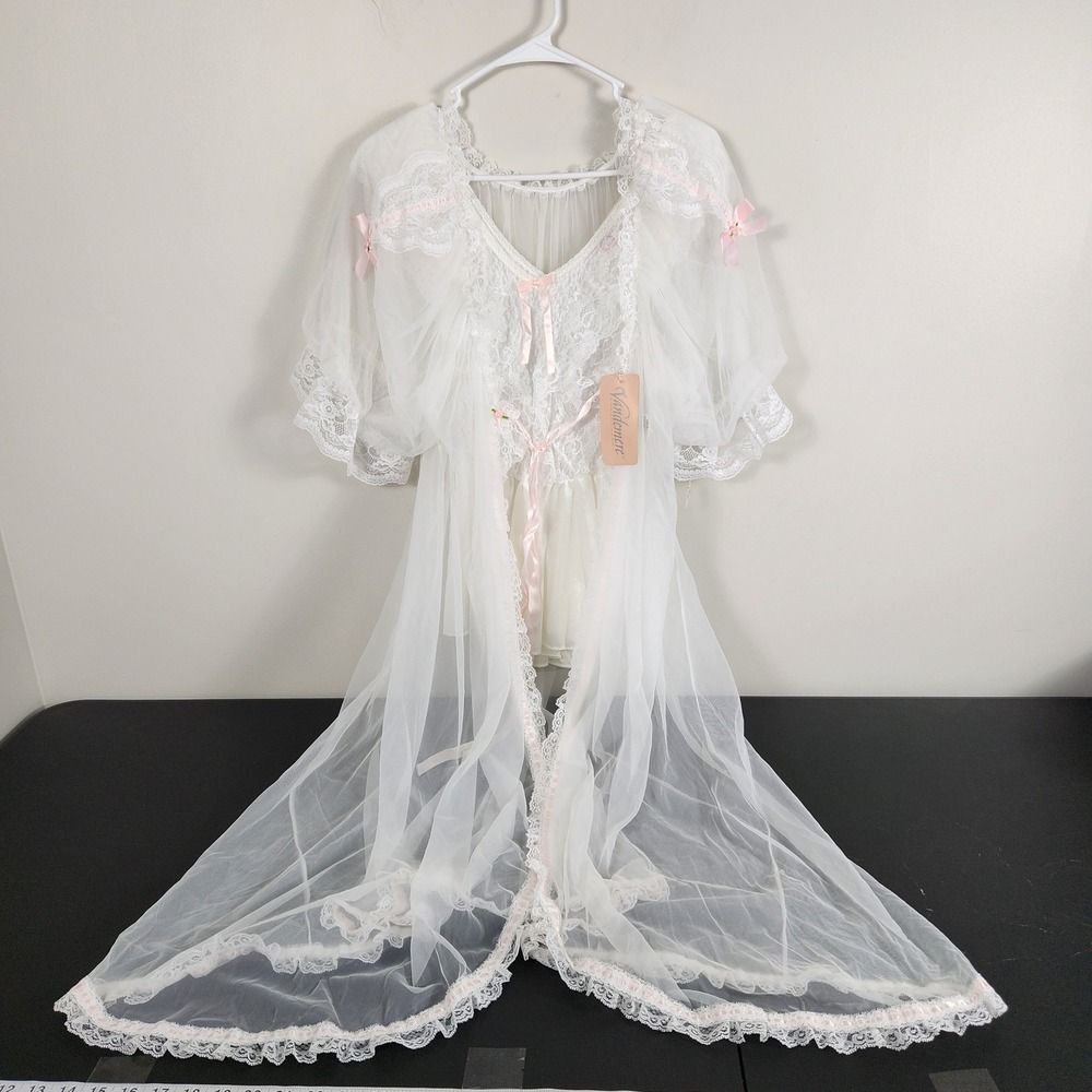 Tosca of California Vintage Lingerie Set Sheer Robe Lace Teddy White Pink New